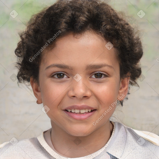 Joyful white child female with short  brown hair and brown eyes