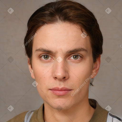 Neutral white young-adult male with short  brown hair and grey eyes