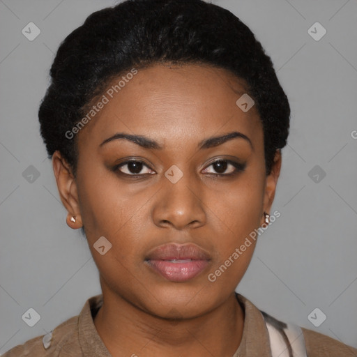 Neutral black young-adult female with short  black hair and brown eyes