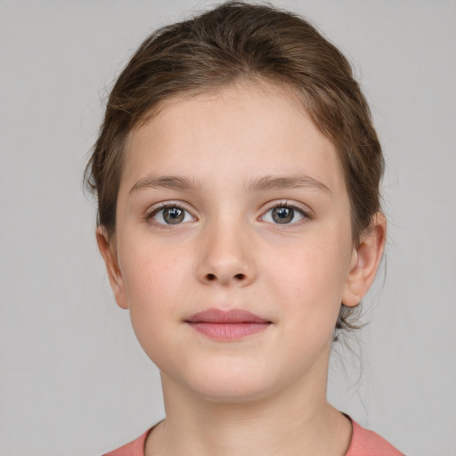 Neutral white child female with short  brown hair and grey eyes