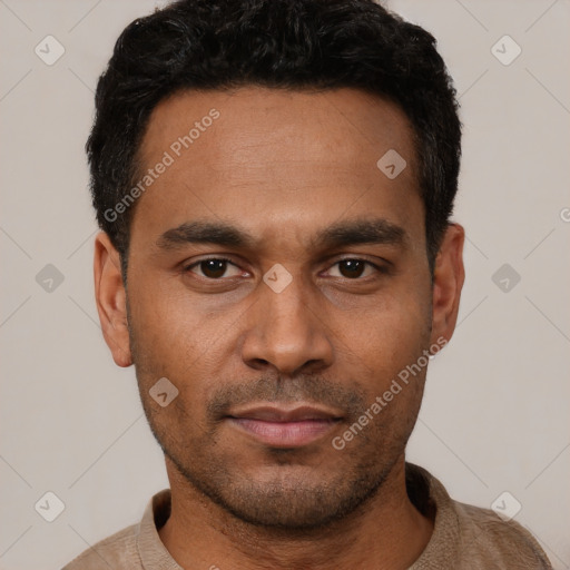 Neutral latino young-adult male with short  black hair and brown eyes