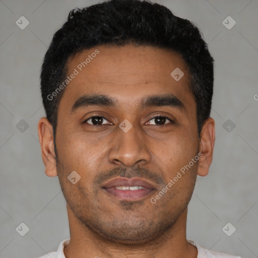 Neutral latino young-adult male with short  brown hair and brown eyes