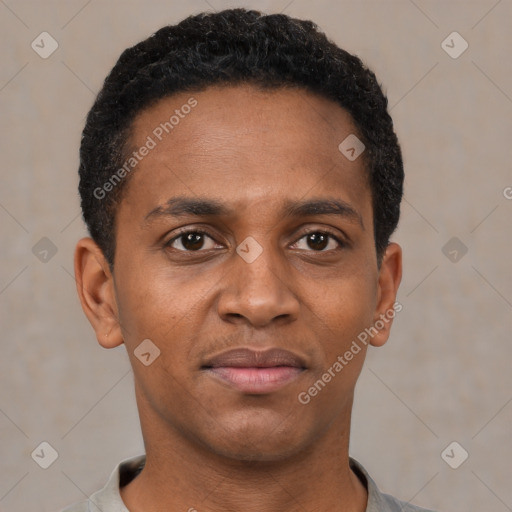 Neutral black young-adult male with short  black hair and brown eyes