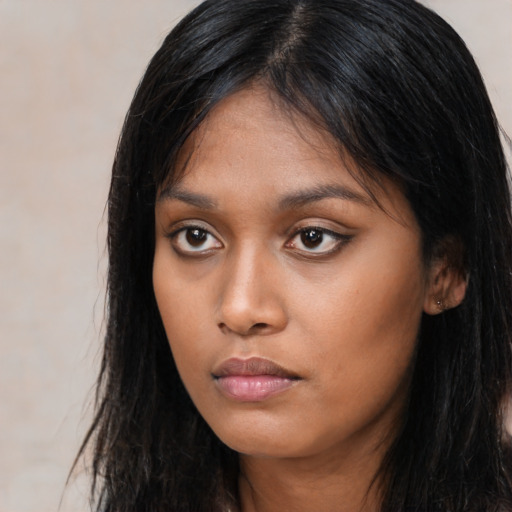Neutral asian young-adult female with long  black hair and brown eyes