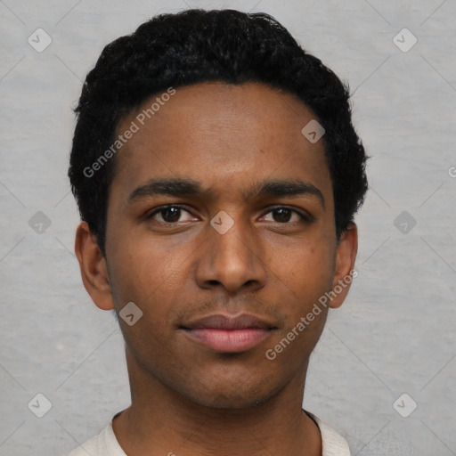 Neutral black young-adult male with short  black hair and brown eyes