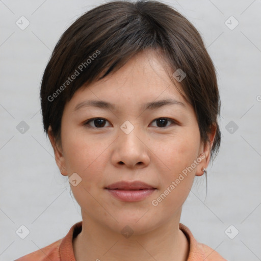 Joyful white young-adult female with medium  brown hair and brown eyes