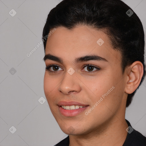 Joyful white young-adult female with short  black hair and brown eyes