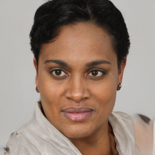 Joyful latino young-adult female with short  black hair and brown eyes