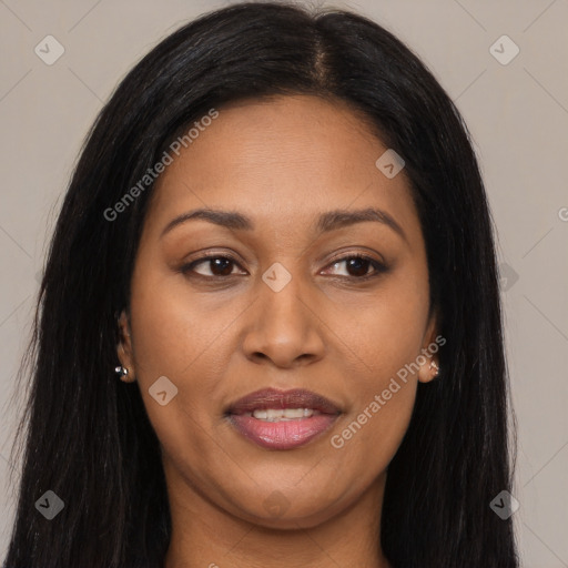 Joyful asian young-adult female with long  brown hair and brown eyes