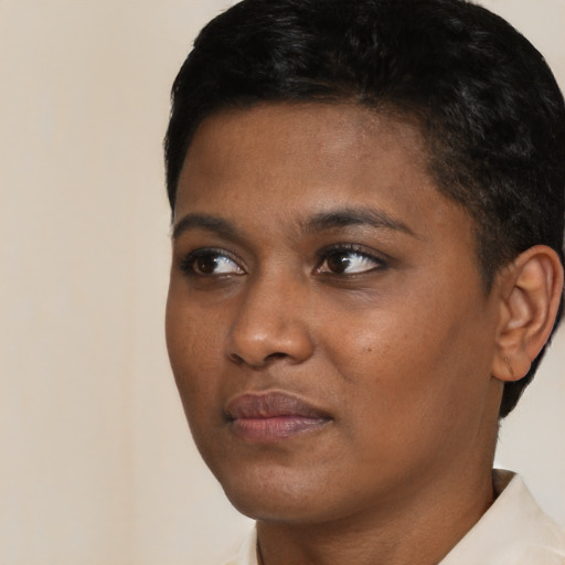 Neutral black young-adult female with short  black hair and brown eyes