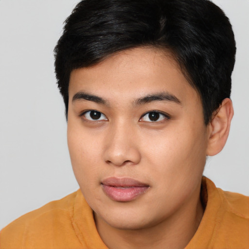 Neutral asian young-adult male with short  brown hair and brown eyes