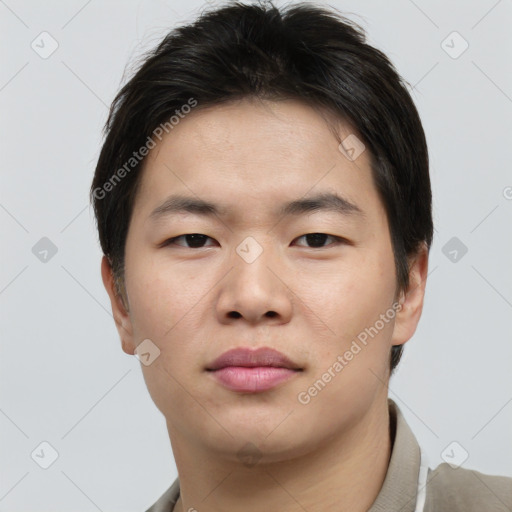 Neutral asian young-adult male with short  brown hair and brown eyes