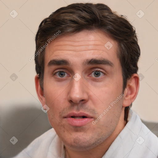 Neutral white adult male with short  brown hair and brown eyes