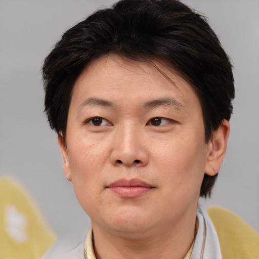 Neutral asian adult female with short  brown hair and brown eyes