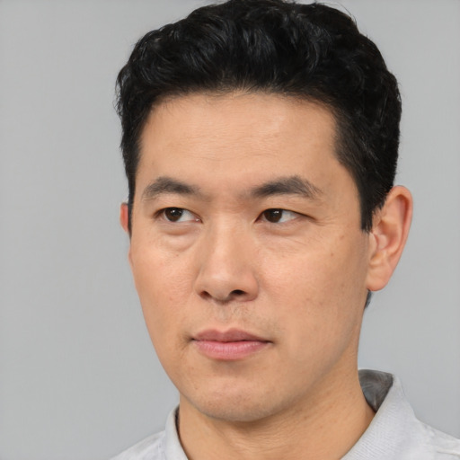 Neutral asian adult male with short  black hair and brown eyes