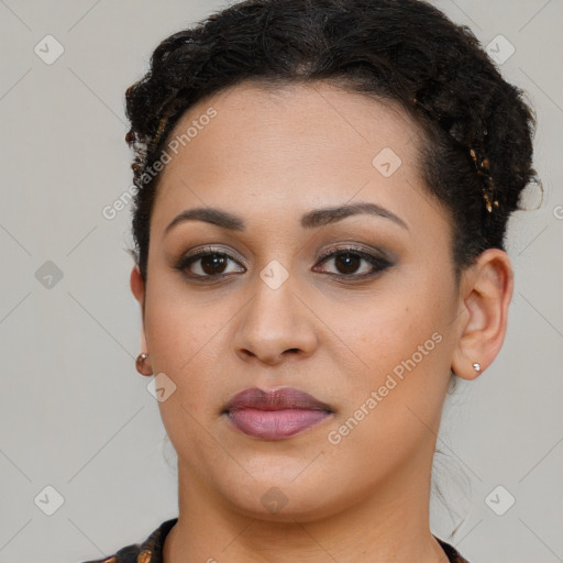 Joyful latino young-adult female with short  brown hair and brown eyes