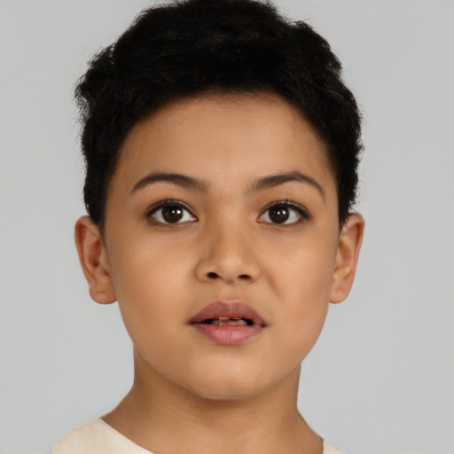 Neutral latino young-adult female with short  brown hair and brown eyes