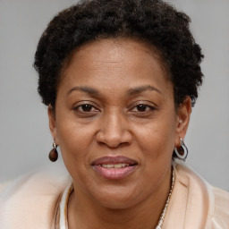 Joyful black adult female with short  brown hair and brown eyes