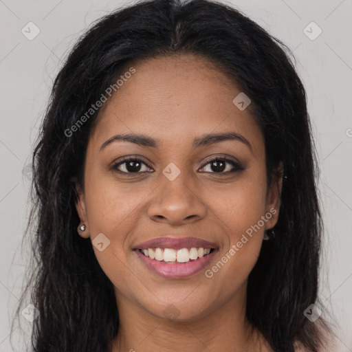 Joyful latino young-adult female with long  brown hair and brown eyes