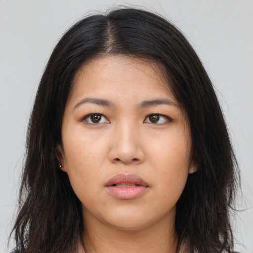 Neutral asian young-adult female with long  brown hair and brown eyes