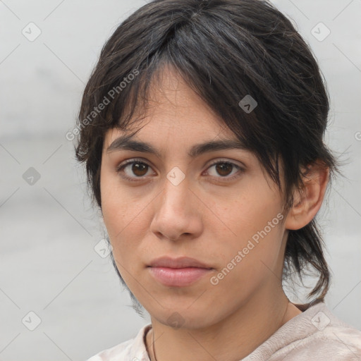 Neutral white young-adult female with medium  brown hair and brown eyes