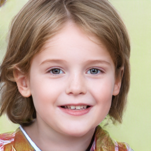 Joyful white child female with medium  brown hair and blue eyes