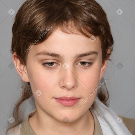 Neutral white young-adult female with medium  brown hair and brown eyes