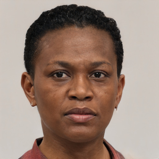 Neutral black young-adult female with short  brown hair and brown eyes