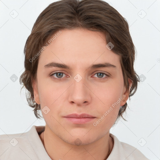 Neutral white young-adult female with short  brown hair and brown eyes