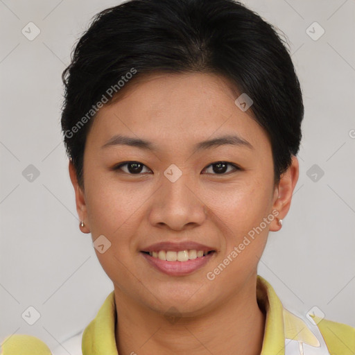 Joyful asian young-adult female with short  brown hair and brown eyes