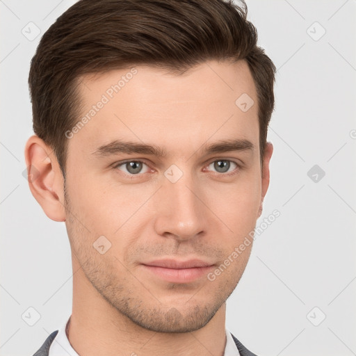 Neutral white young-adult male with short  brown hair and brown eyes