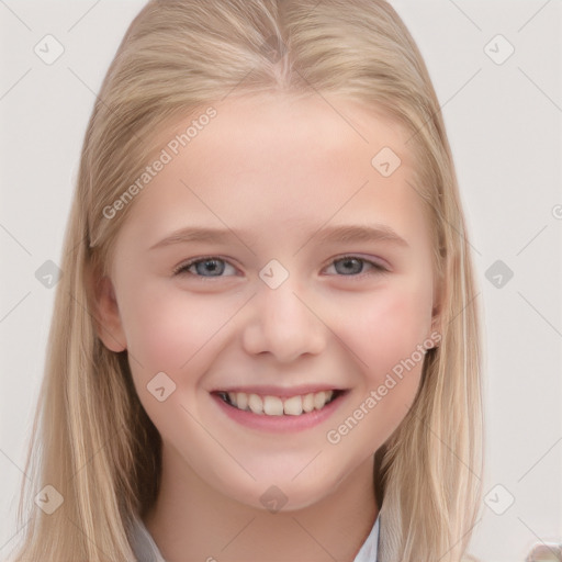 Joyful white child female with long  brown hair and blue eyes