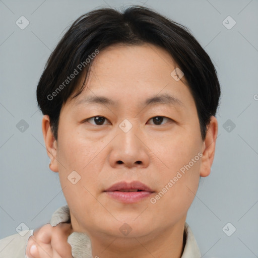 Neutral asian young-adult male with short  brown hair and brown eyes