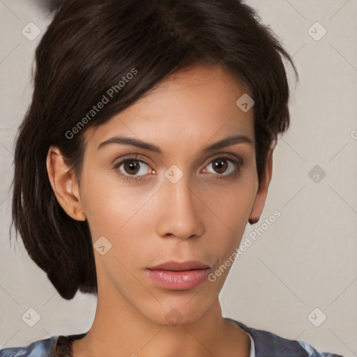 Neutral white young-adult female with medium  brown hair and brown eyes