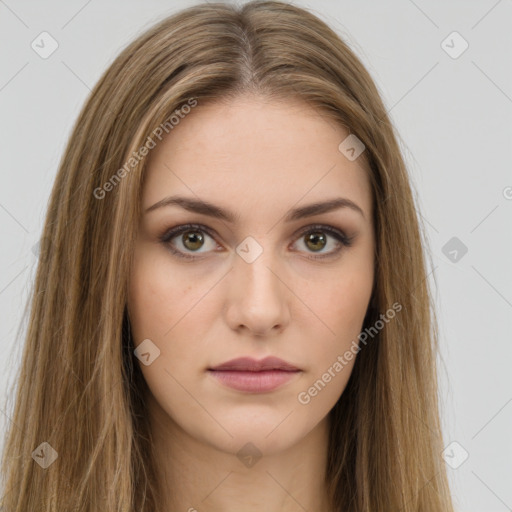 Neutral white young-adult female with long  brown hair and brown eyes