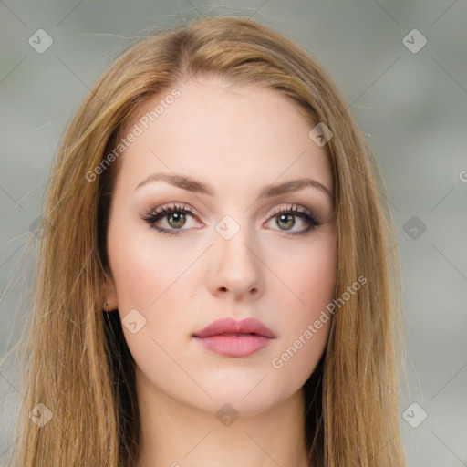 Neutral white young-adult female with long  brown hair and brown eyes