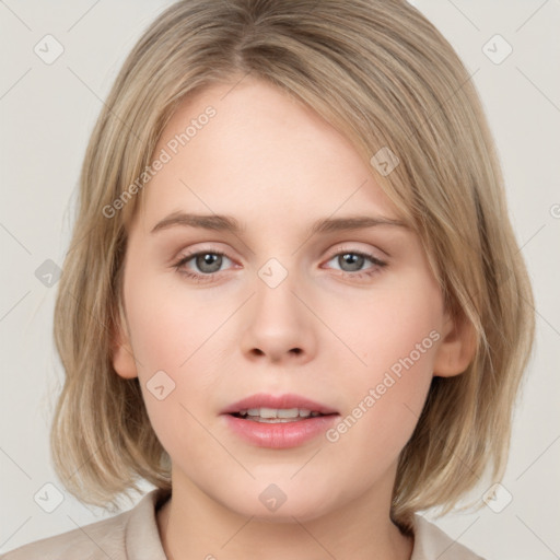 Neutral white young-adult female with medium  brown hair and grey eyes