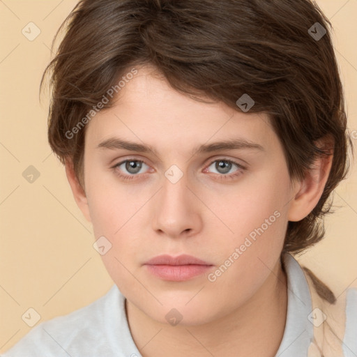 Neutral white young-adult female with short  brown hair and brown eyes