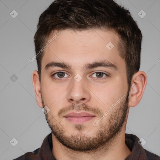 Neutral white young-adult male with short  brown hair and brown eyes