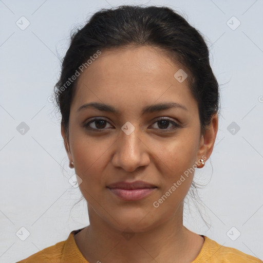 Joyful latino young-adult female with short  brown hair and brown eyes