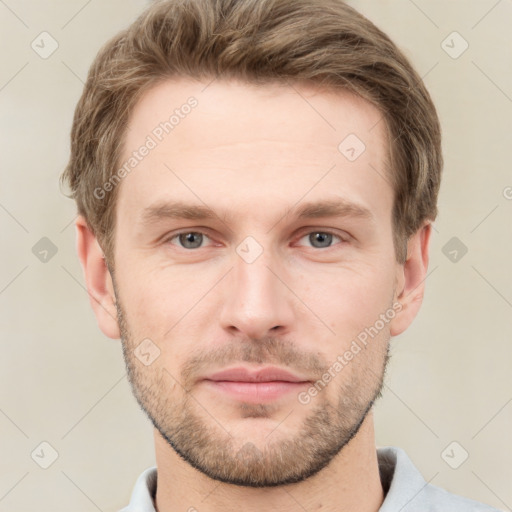 Neutral white young-adult male with short  brown hair and grey eyes