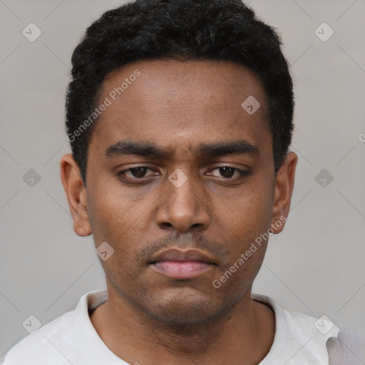 Neutral black young-adult male with short  black hair and brown eyes