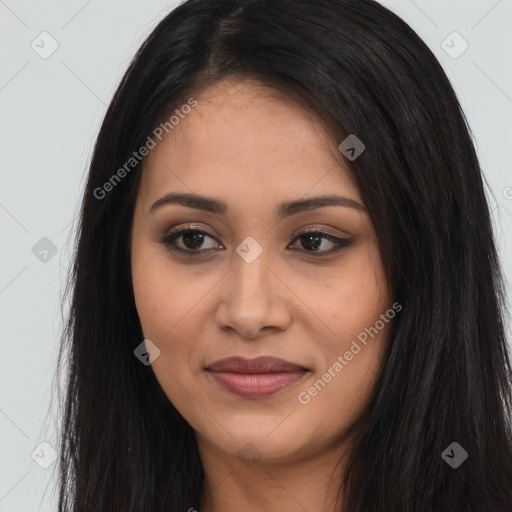 Joyful latino young-adult female with long  black hair and brown eyes