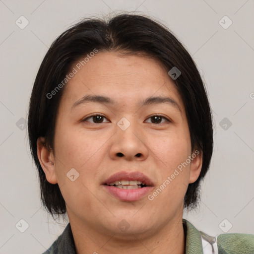 Joyful white adult female with medium  brown hair and brown eyes