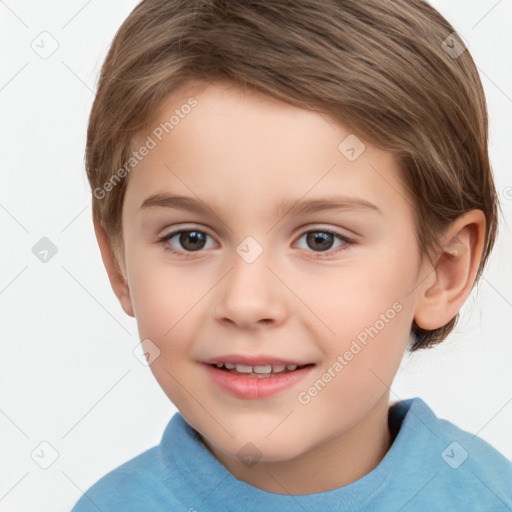 Joyful white child female with short  brown hair and brown eyes