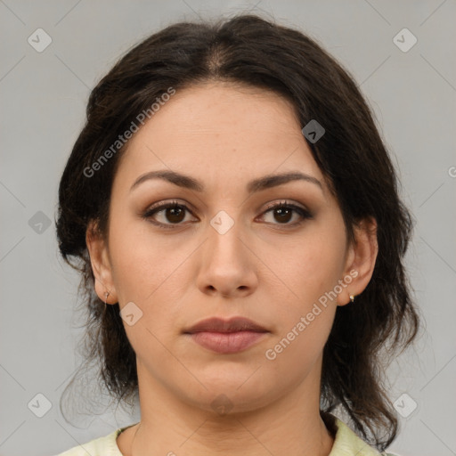 Neutral white young-adult female with medium  brown hair and brown eyes