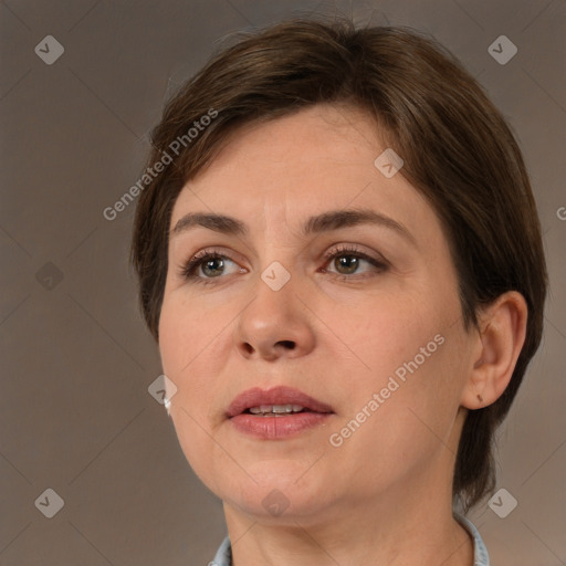 Neutral white young-adult female with medium  brown hair and brown eyes