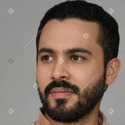 Neutral latino young-adult male with short  black hair and brown eyes