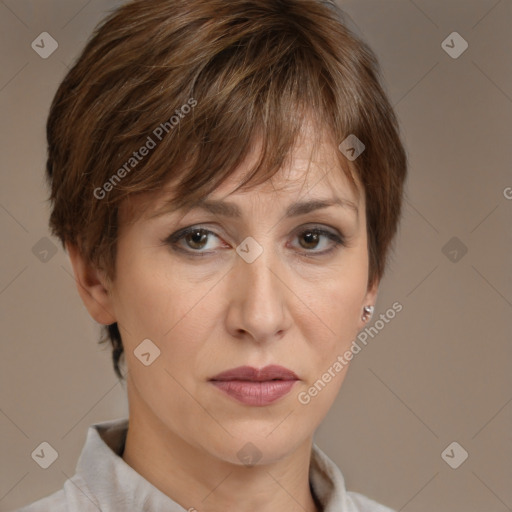 Neutral white adult female with medium  brown hair and brown eyes