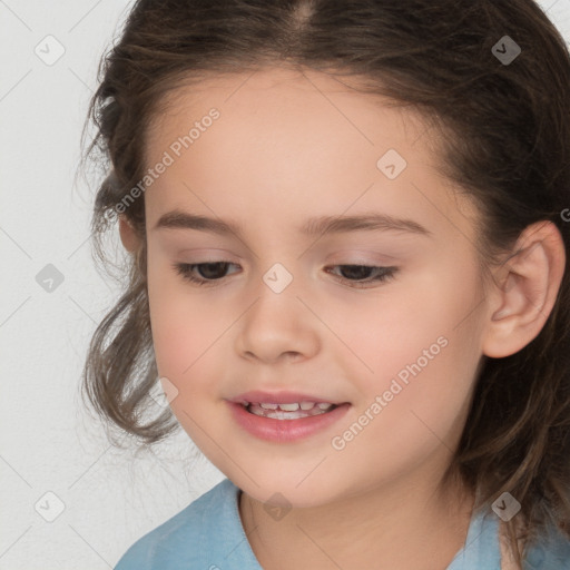 Joyful white child female with medium  brown hair and brown eyes